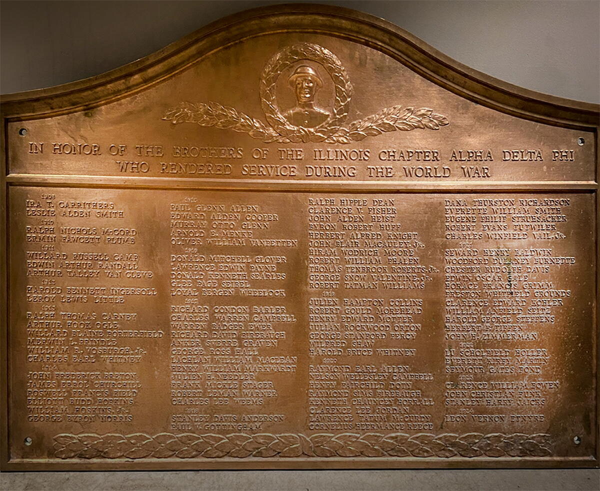 Bronze tablet with names with a list of names of fraternity members who served in WWI