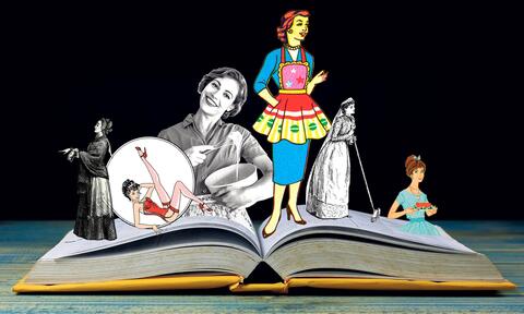 A dictionary with various images of women emerging from its open pages.