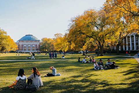 Picture of students on campus in front of the English building