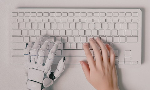 picture of a computer keyboard with a robotic and human hand