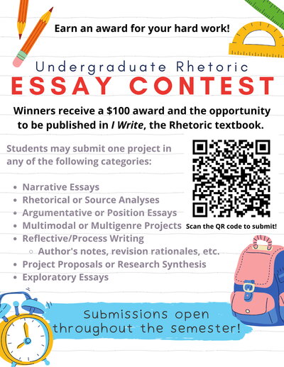 A school-themed poster describing the Undergraduate Rhetoric Essay Contest