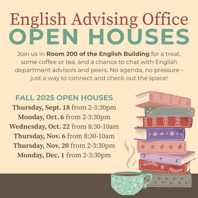 Flyer advertising English Advising Open House events. Details below.