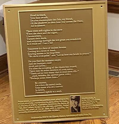 plaque displaying Folger Adam Jr's poem and story along with a picture of him.
