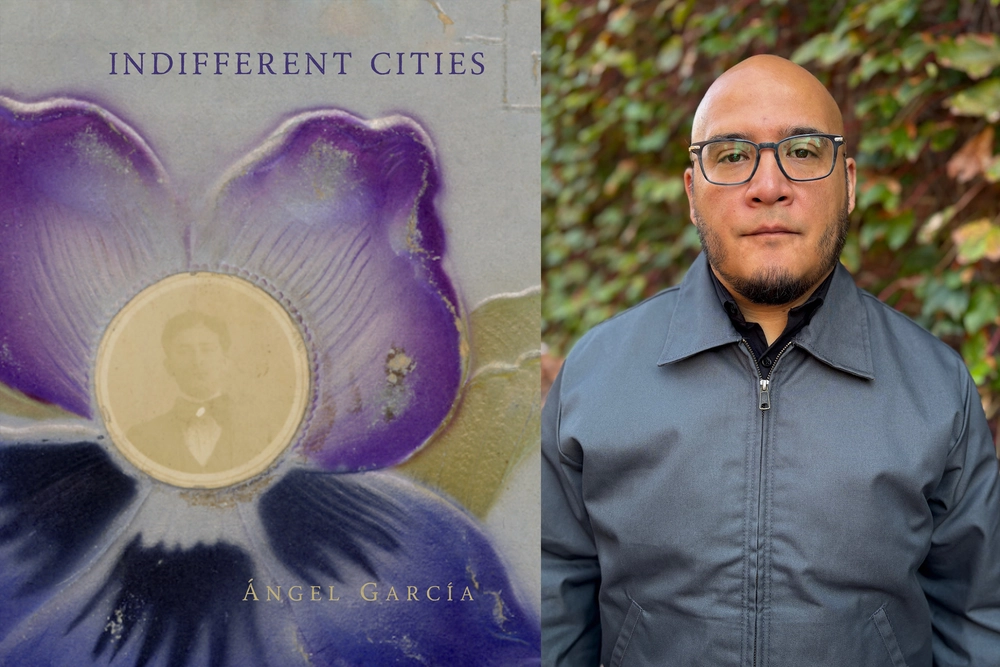 A photo of Angel Garcia next to the cover of his new poetry collection titled "Indifferent Cities"