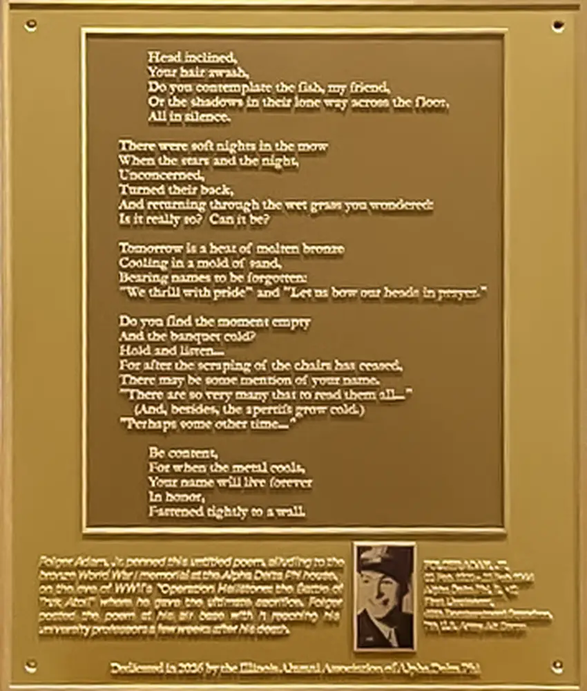 Bronze plaque with featuring Adam Folger Jr.'s poem, along with a picture and bio of him.