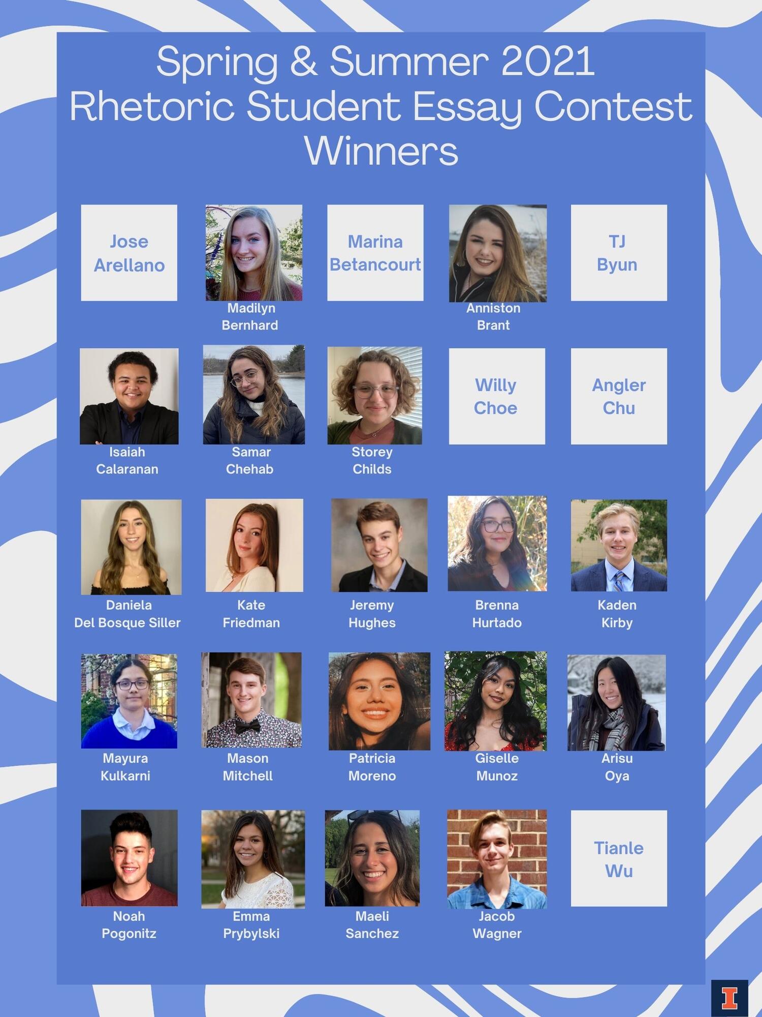 A collage of the spring and summer 2021 rhetoric student essay contest winners.